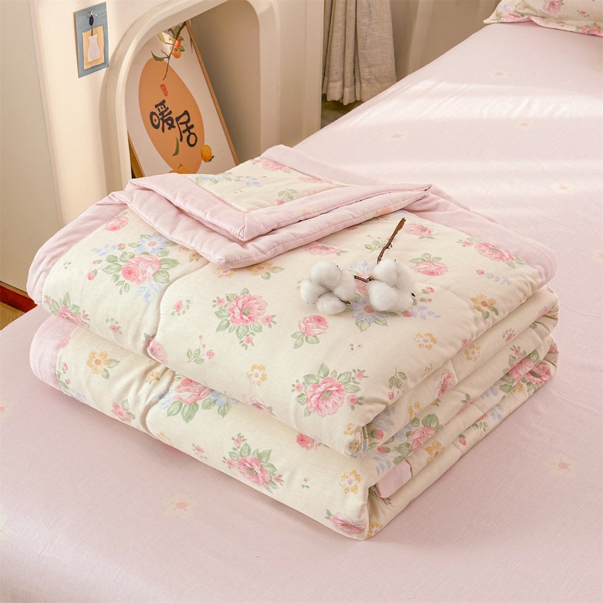 91家纺网 家纺一手货源 找家纺 易博家纺 2026新款小清新款里外全棉纯棉夏被夏凉被空调被 花漾浅梦
