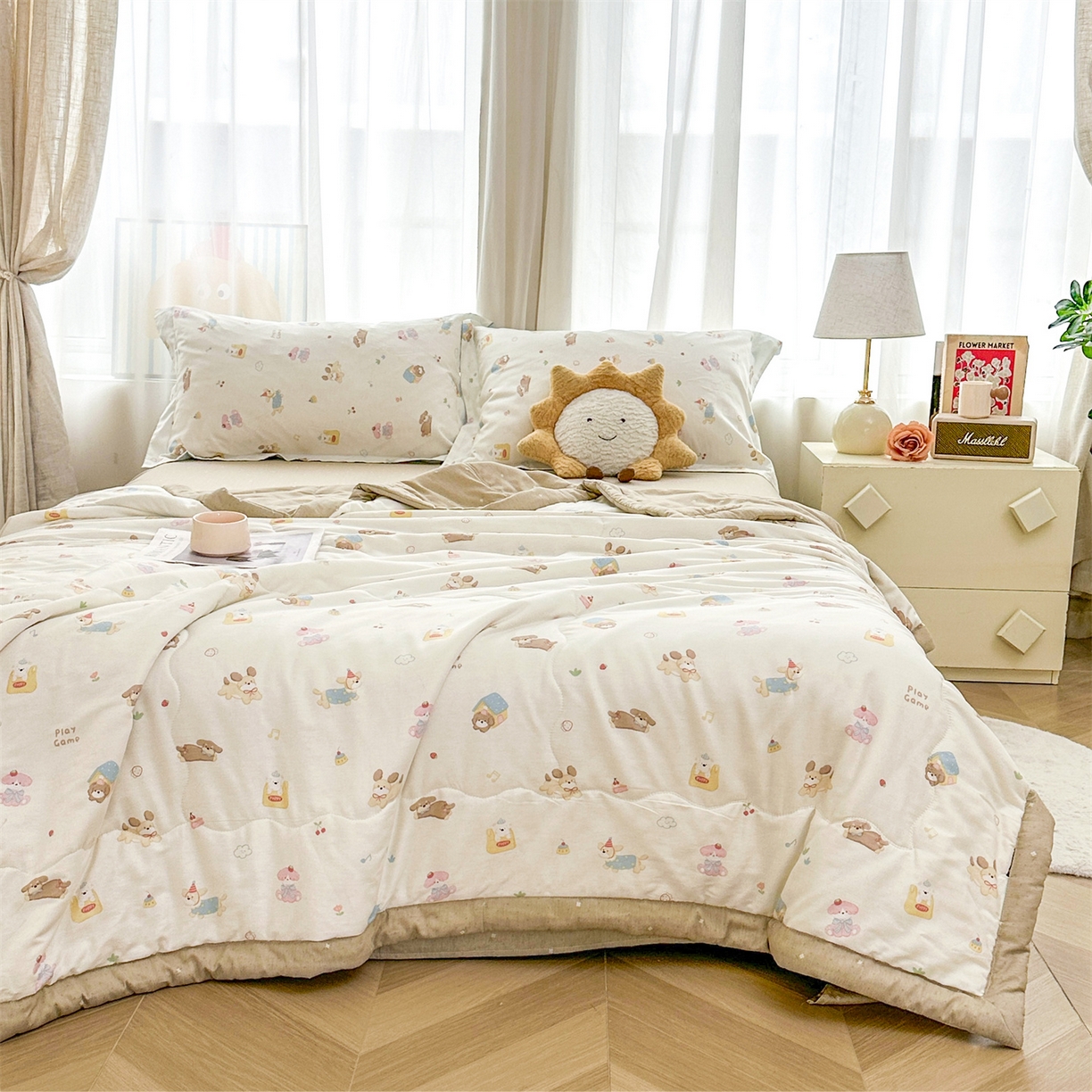 91家纺网 家纺一手货源 找家纺 易博家纺 2026新款小清新款里外全棉纯棉夏被夏凉被空调被 淘气狗