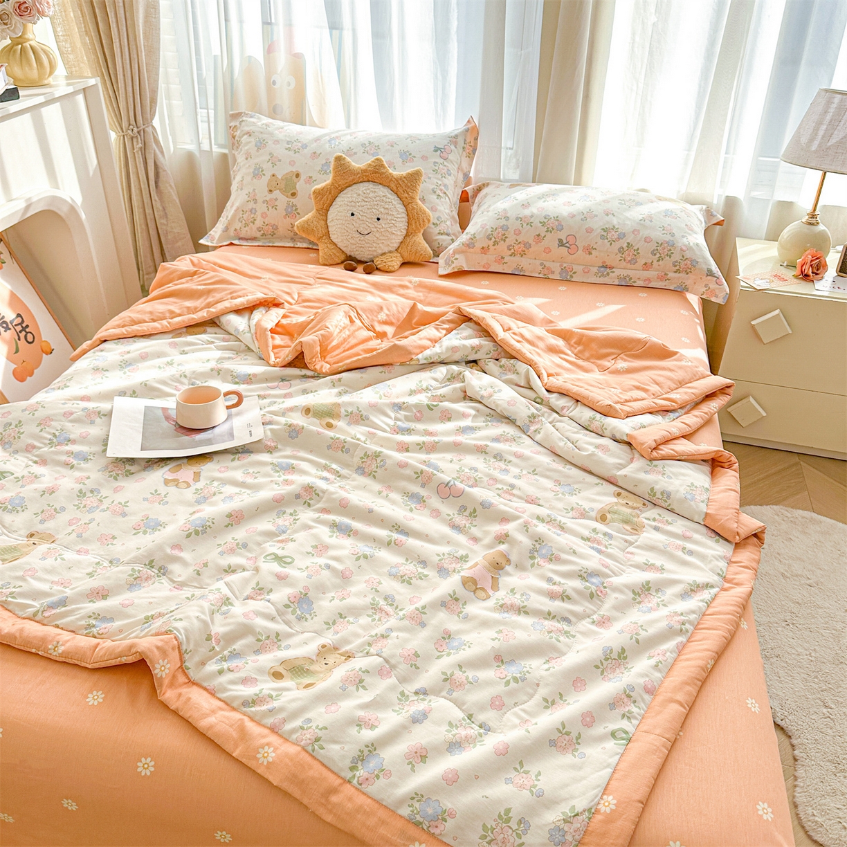 91家纺网 家纺一手货源 找家纺 易博家纺 2026新款小清新款里外全棉纯棉夏被夏凉被空调被 花眠小熊