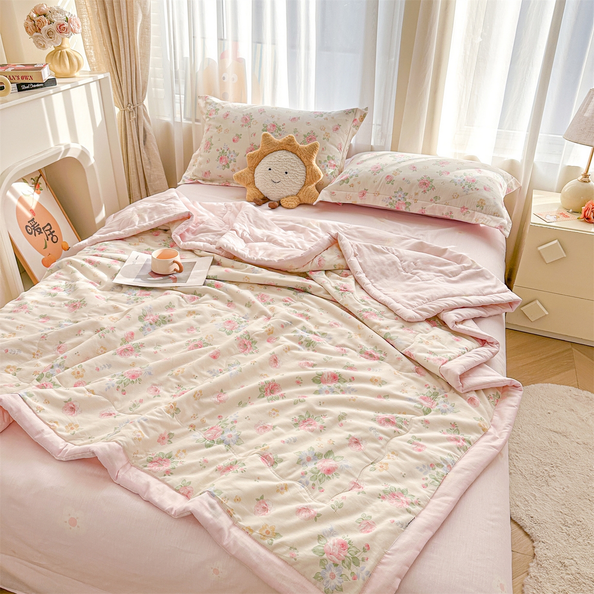 91家纺网 家纺一手货源 找家纺 易博家纺 2026新款小清新款里外全棉纯棉夏被夏凉被空调被 花漾浅梦