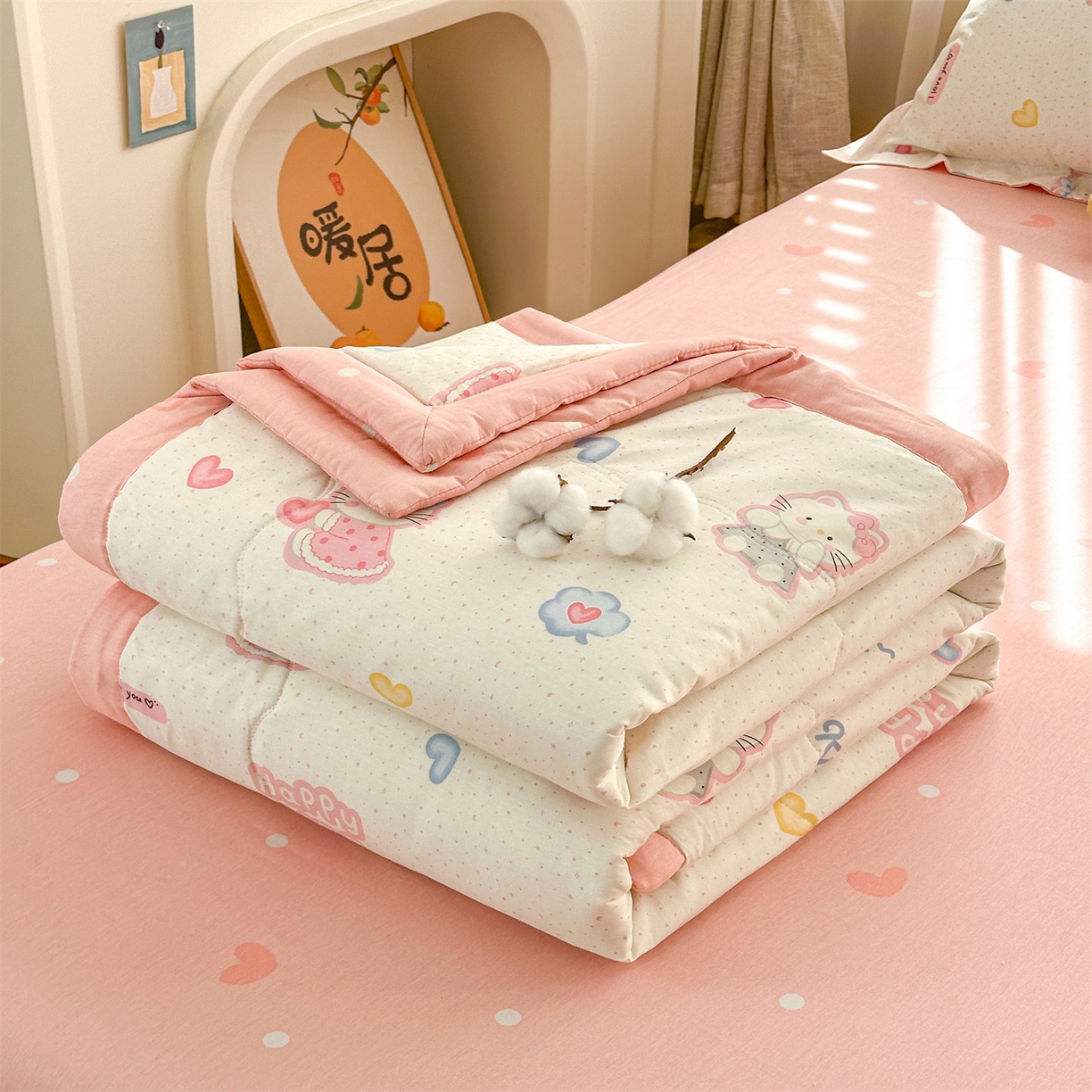 91家纺网 家纺一手货源 找家纺 易博家纺 2026新款小清新款里外全棉纯棉夏被夏凉被空调被 粉色小猫