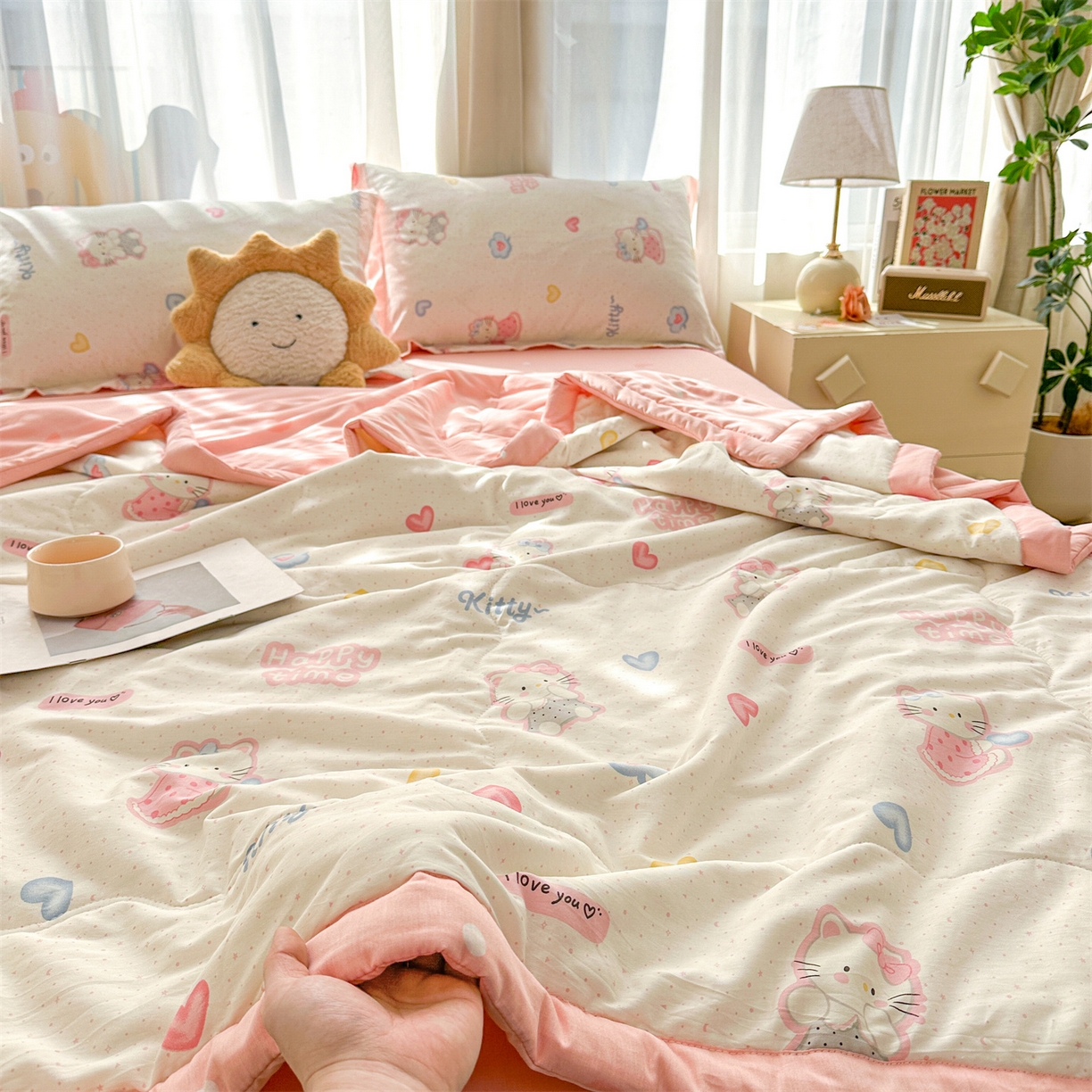 91家纺网 家纺一手货源 找家纺 易博家纺 2026新款小清新款里外全棉纯棉夏被夏凉被空调被 粉色小猫