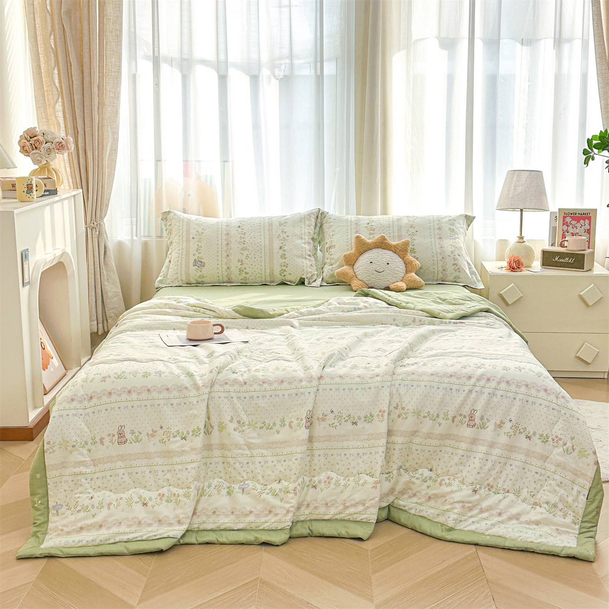 91家纺网 家纺一手货源 找家纺 易博家纺 2026新款小清新款里外全棉纯棉夏被夏凉被空调被 花蔓梦兔