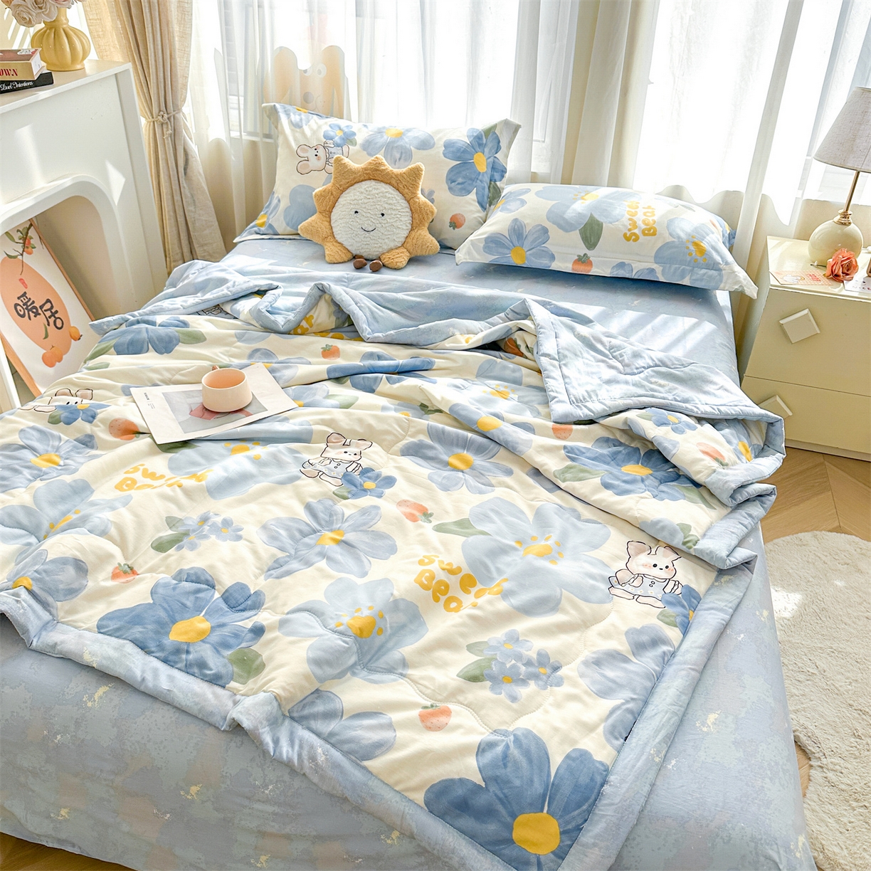 91家纺网 家纺一手货源 找家纺 易博家纺 2026新款小清新款里外全棉纯棉夏被夏凉被空调被 太阳花