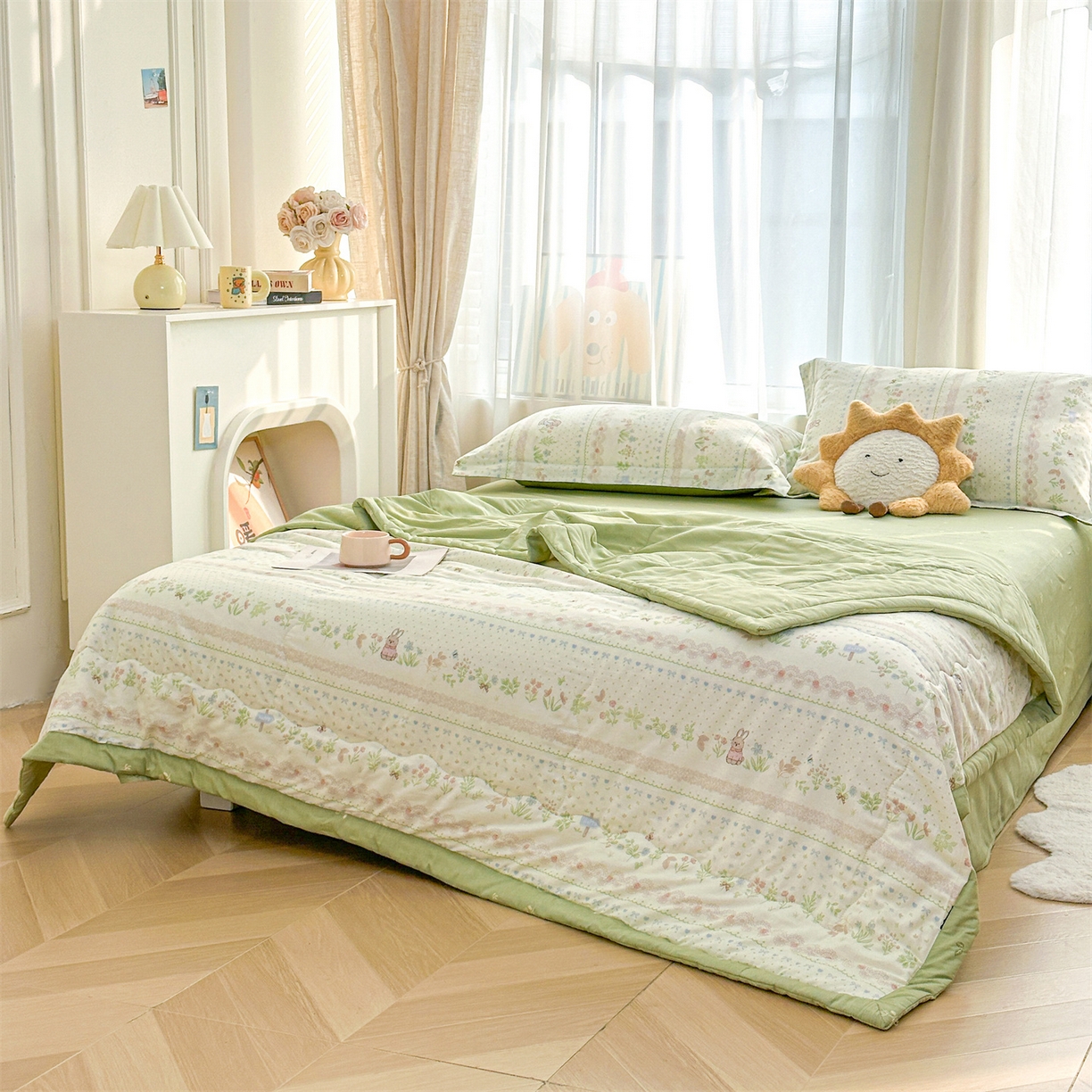 91家纺网 家纺一手货源 找家纺 易博家纺 2026新款小清新款里外全棉纯棉夏被夏凉被空调被 花蔓梦兔