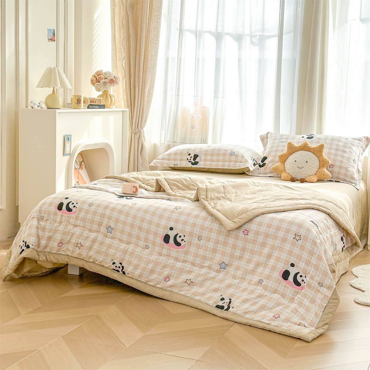 91家纺网 家纺一手货源 找家纺 易博家纺 2026新款小清新款里外全棉纯棉夏被夏凉被空调被 熊猫宝贝