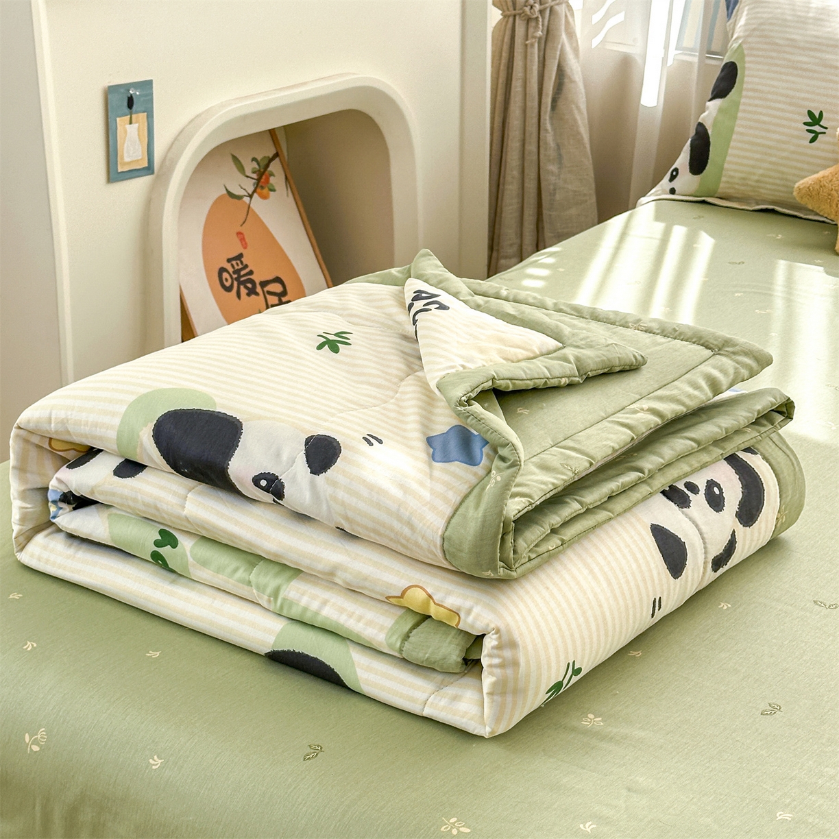 91家纺网 家纺一手货源 找家纺 易博家纺 2026新款小清新款里外全棉纯棉夏被夏凉被空调被 可爱熊猫