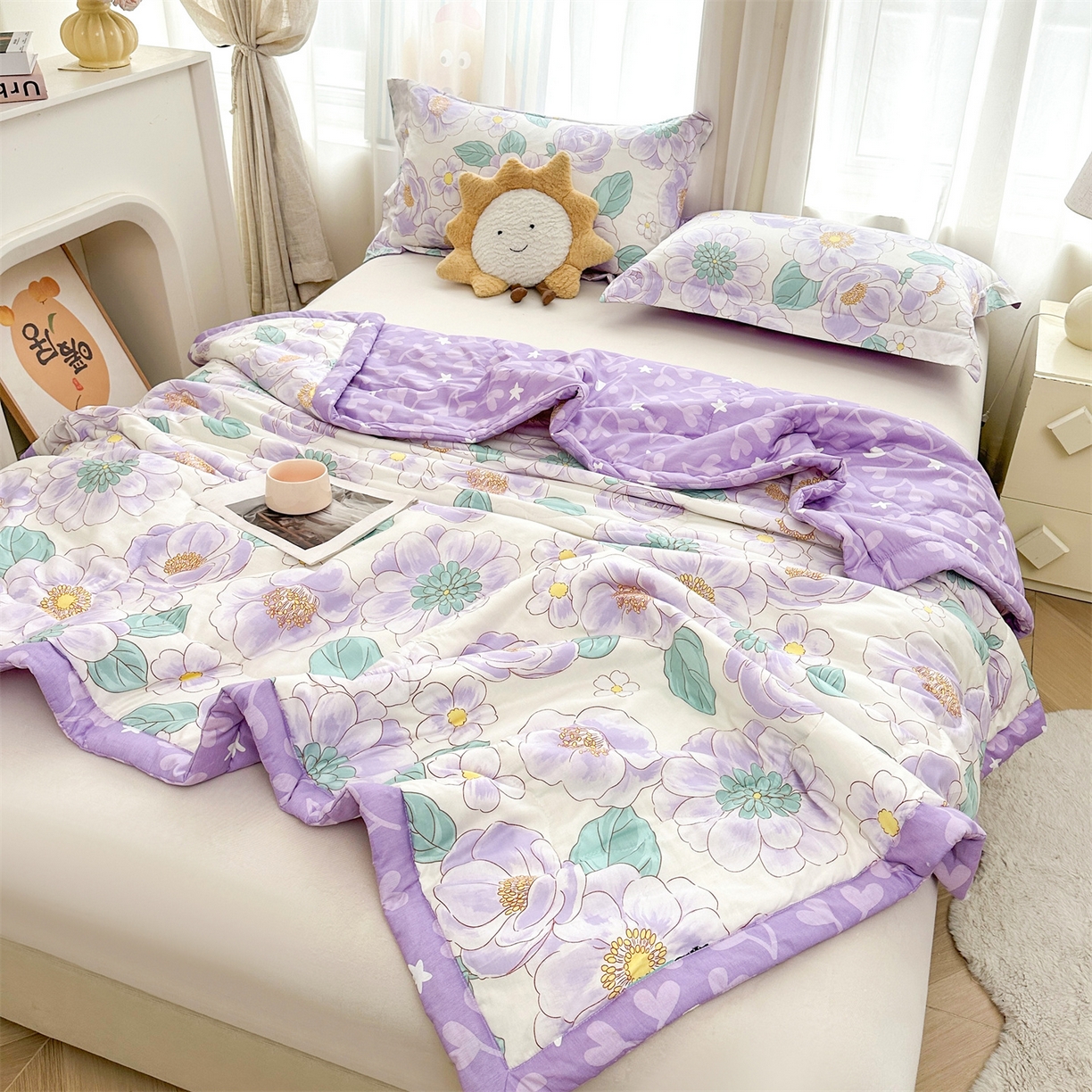 91家纺网 家纺一手货源 找家纺 易博家纺 2026新款小清新款里外全棉纯棉夏被夏凉被空调被 紫精灵