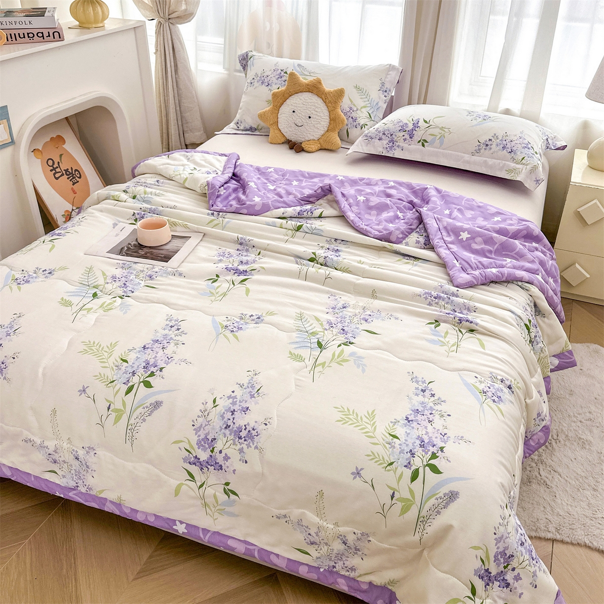 91家纺网 家纺一手货源 找家纺 易博家纺 2026新款小清新款里外全棉纯棉夏被夏凉被空调被 紫韵花