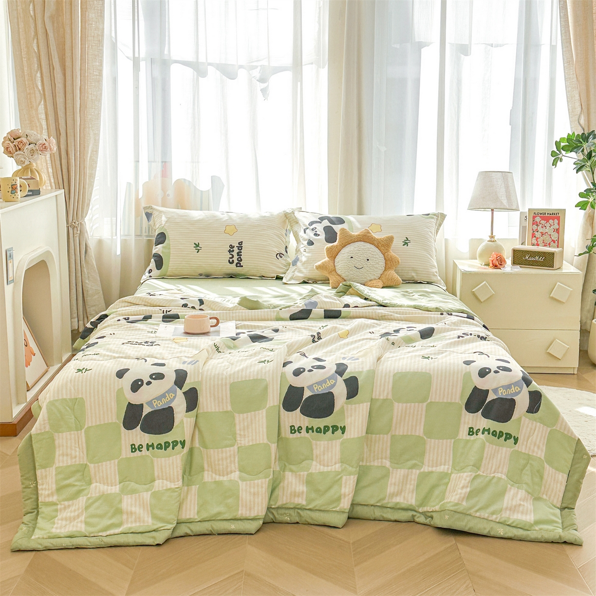 91家纺网 家纺一手货源 找家纺 易博家纺 2026新款小清新款里外全棉纯棉夏被夏凉被空调被 可爱熊猫
