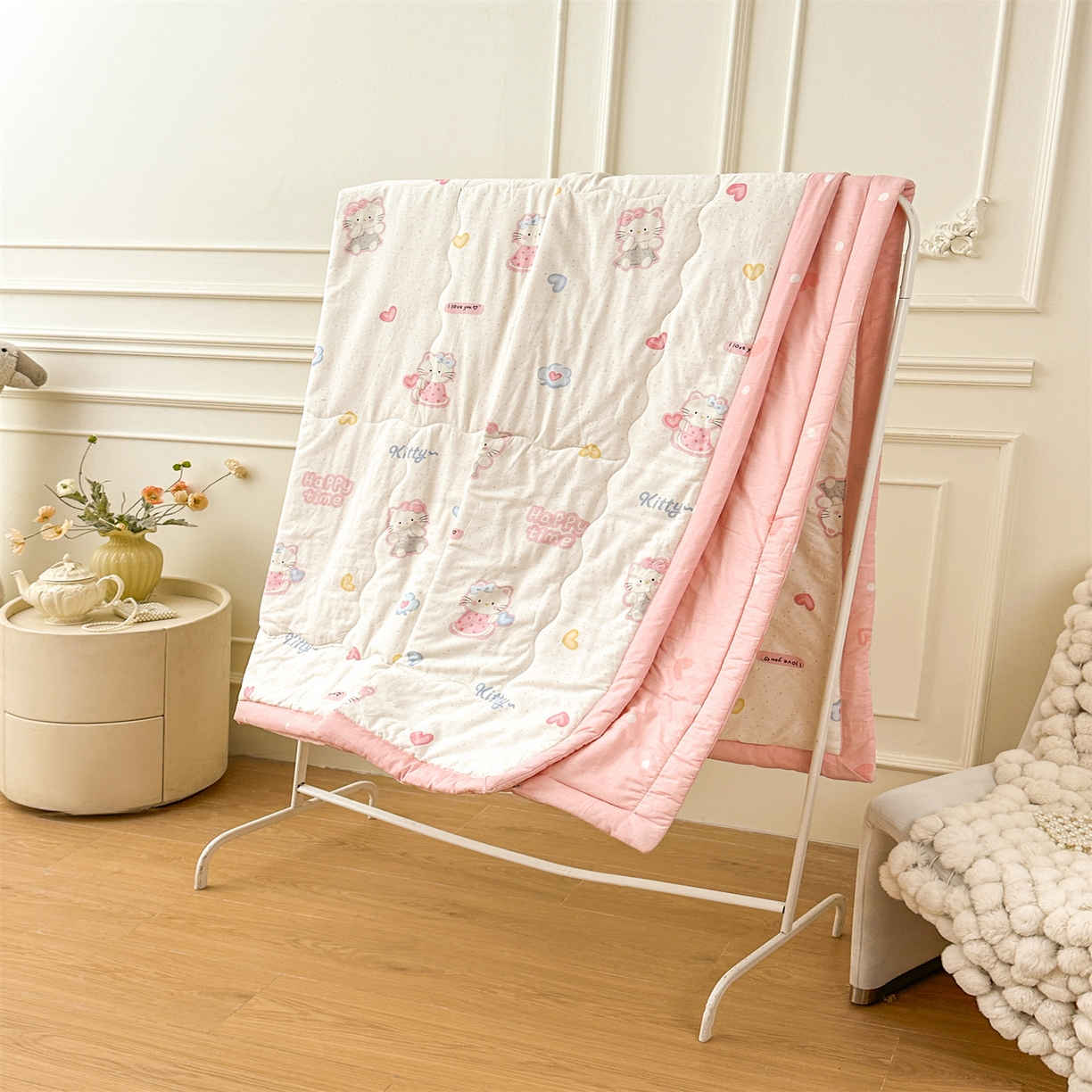 91家纺网 家纺一手货源 找家纺 易博家纺 2026新款小清新款里外全棉纯棉夏被夏凉被空调被 粉色小猫