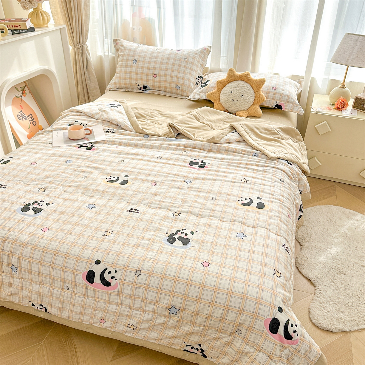 91家纺网 家纺一手货源 找家纺 易博家纺 2026新款小清新款里外全棉纯棉夏被夏凉被空调被 熊猫宝贝