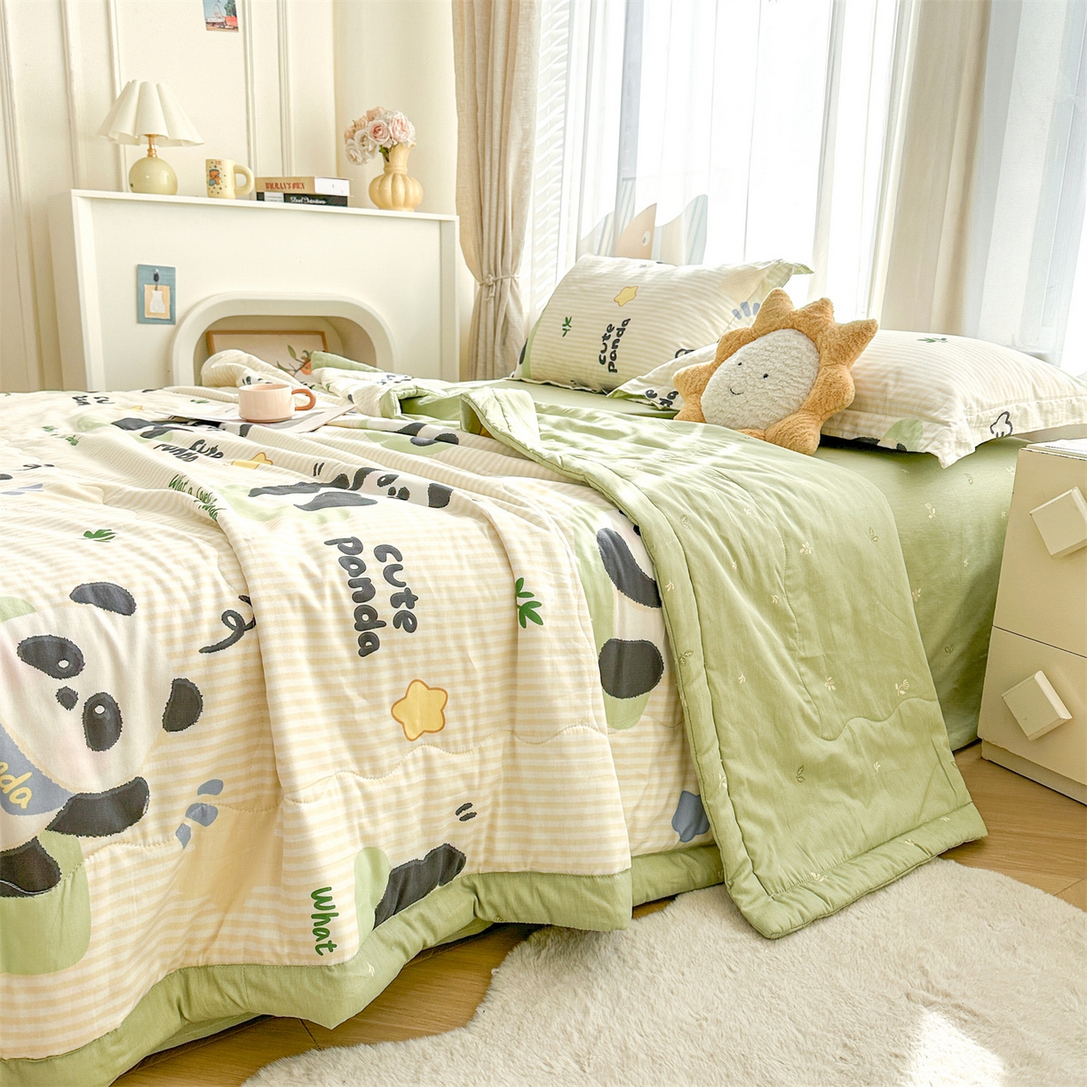 91家纺网 家纺一手货源 找家纺 易博家纺 2026新款小清新款里外全棉纯棉夏被夏凉被空调被 可爱熊猫