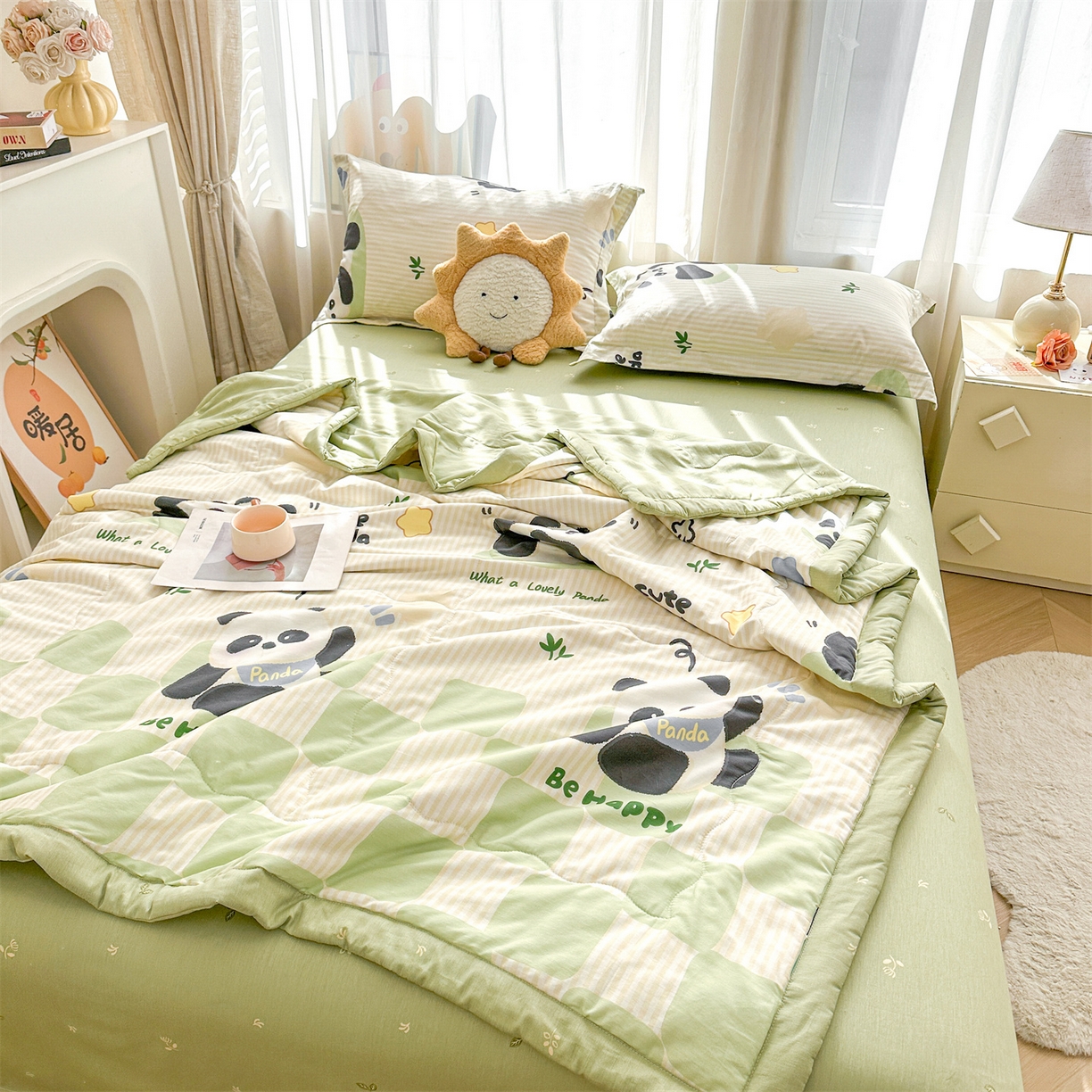 91家纺网 家纺一手货源 找家纺 易博家纺 2026新款小清新款里外全棉纯棉夏被夏凉被空调被 可爱熊猫