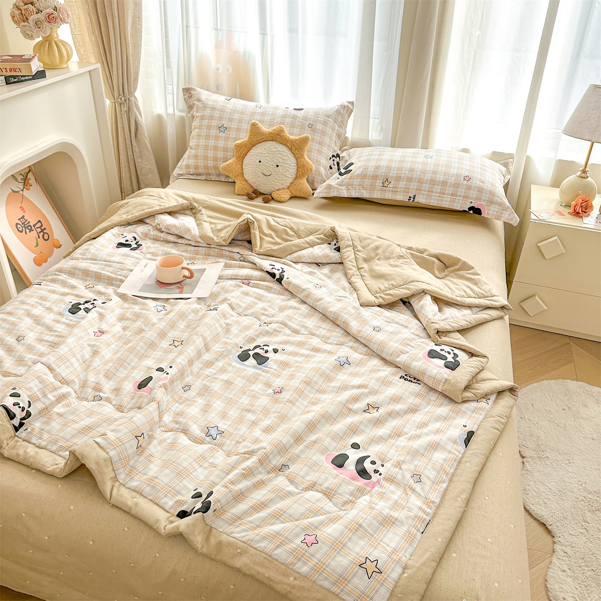 91家纺网 家纺一手货源 找家纺 易博家纺 2026新款小清新款里外全棉纯棉夏被夏凉被空调被 熊猫宝贝