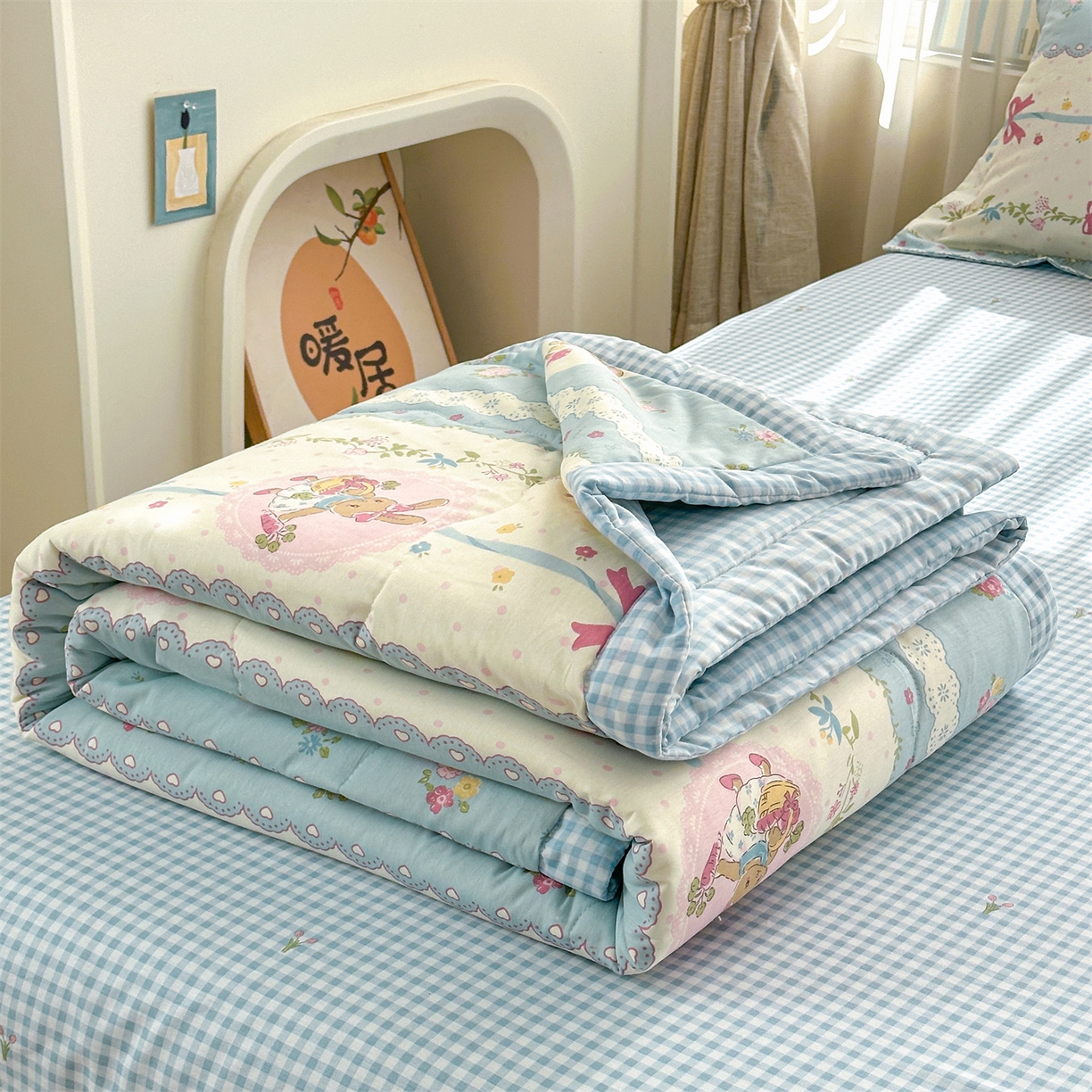 91家纺网 家纺一手货源 找家纺 易博家纺 2026新款小清新款里外全棉纯棉夏被夏凉被空调被 山野萌兔