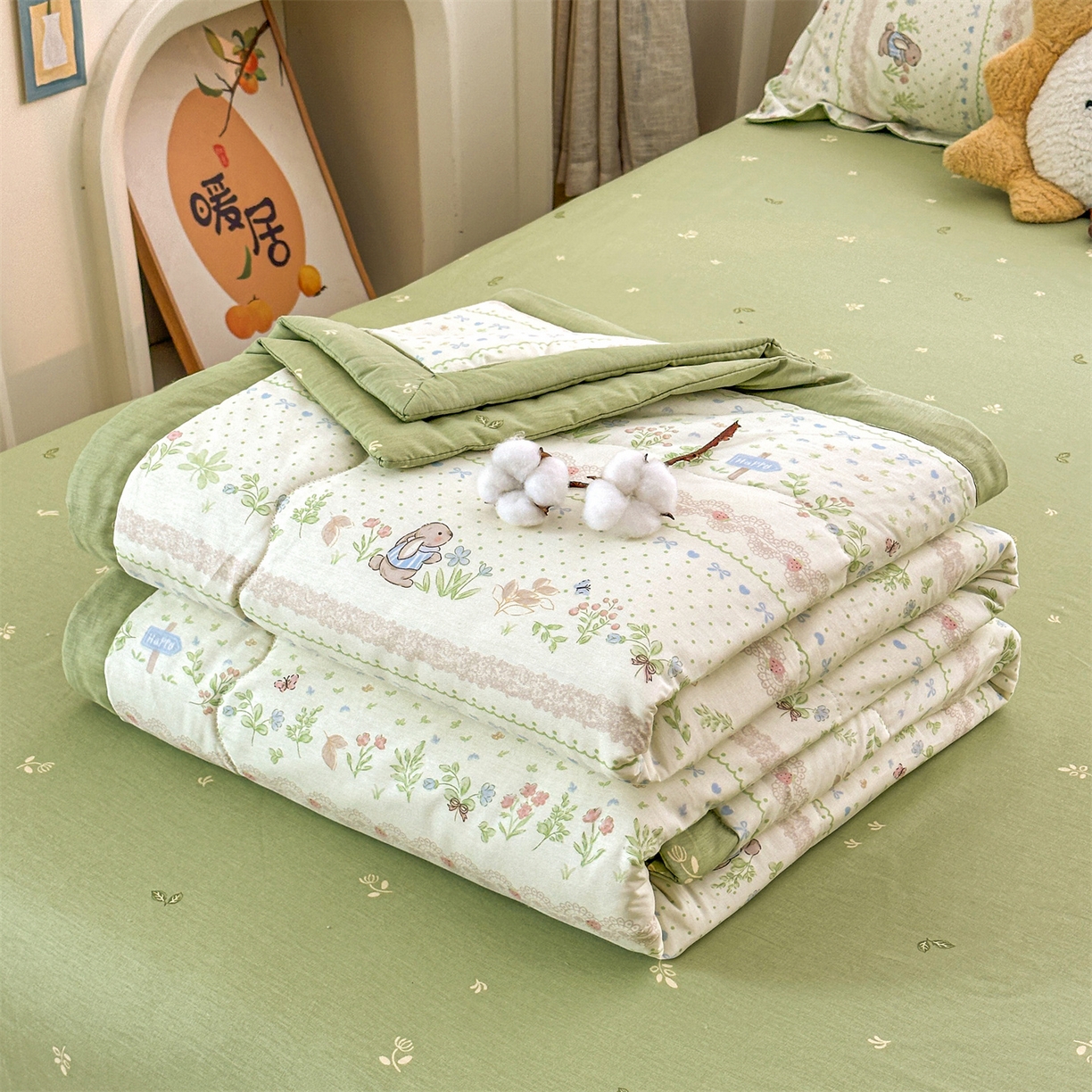 91家纺网 家纺一手货源 找家纺 易博家纺 2026新款小清新款里外全棉纯棉夏被夏凉被空调被 花蔓梦兔