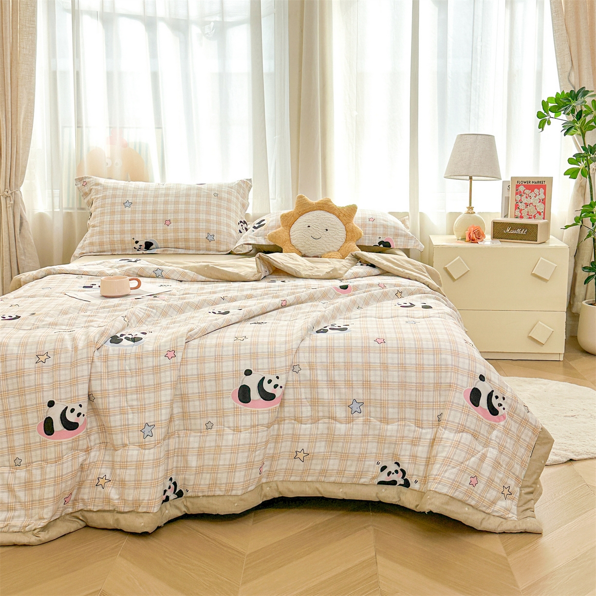 91家纺网 家纺一手货源 找家纺 易博家纺 2026新款小清新款里外全棉纯棉夏被夏凉被空调被 熊猫宝贝