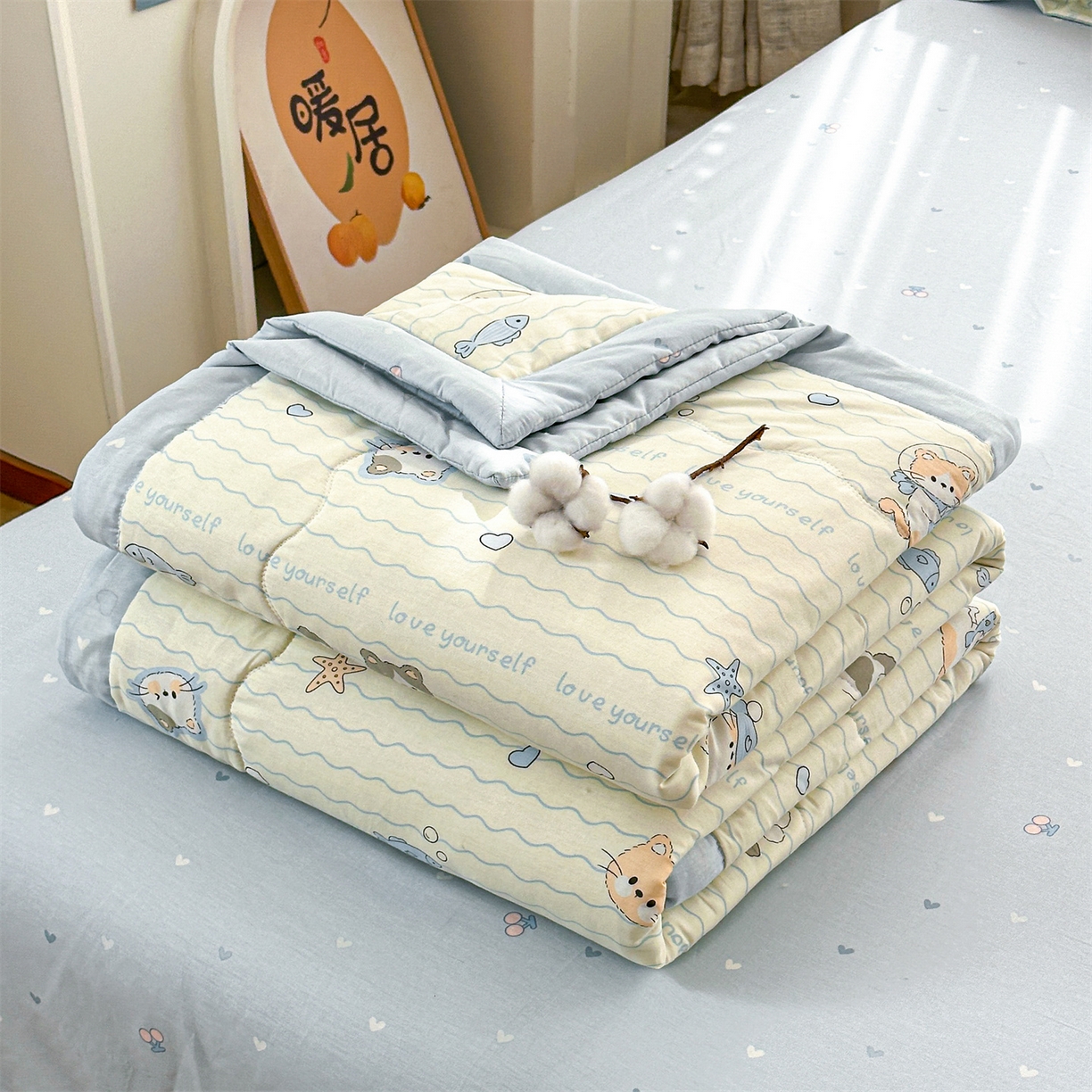 91家纺网 家纺一手货源 找家纺 易博家纺 2026新款小清新款里外全棉纯棉夏被夏凉被空调被 猫猫鱼