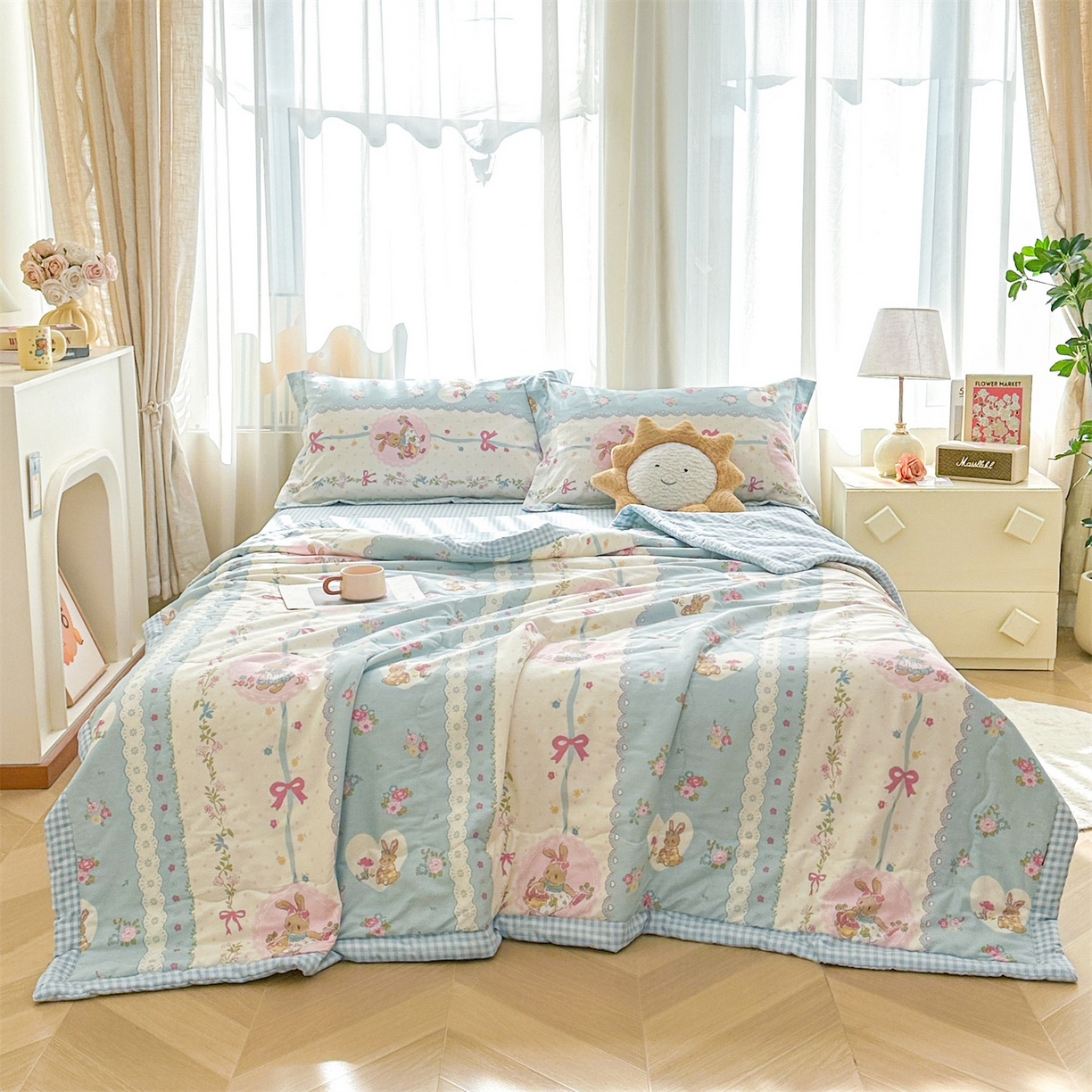 91家纺网 家纺一手货源 找家纺 易博家纺 2026新款小清新款里外全棉纯棉夏被夏凉被空调被 山野萌兔