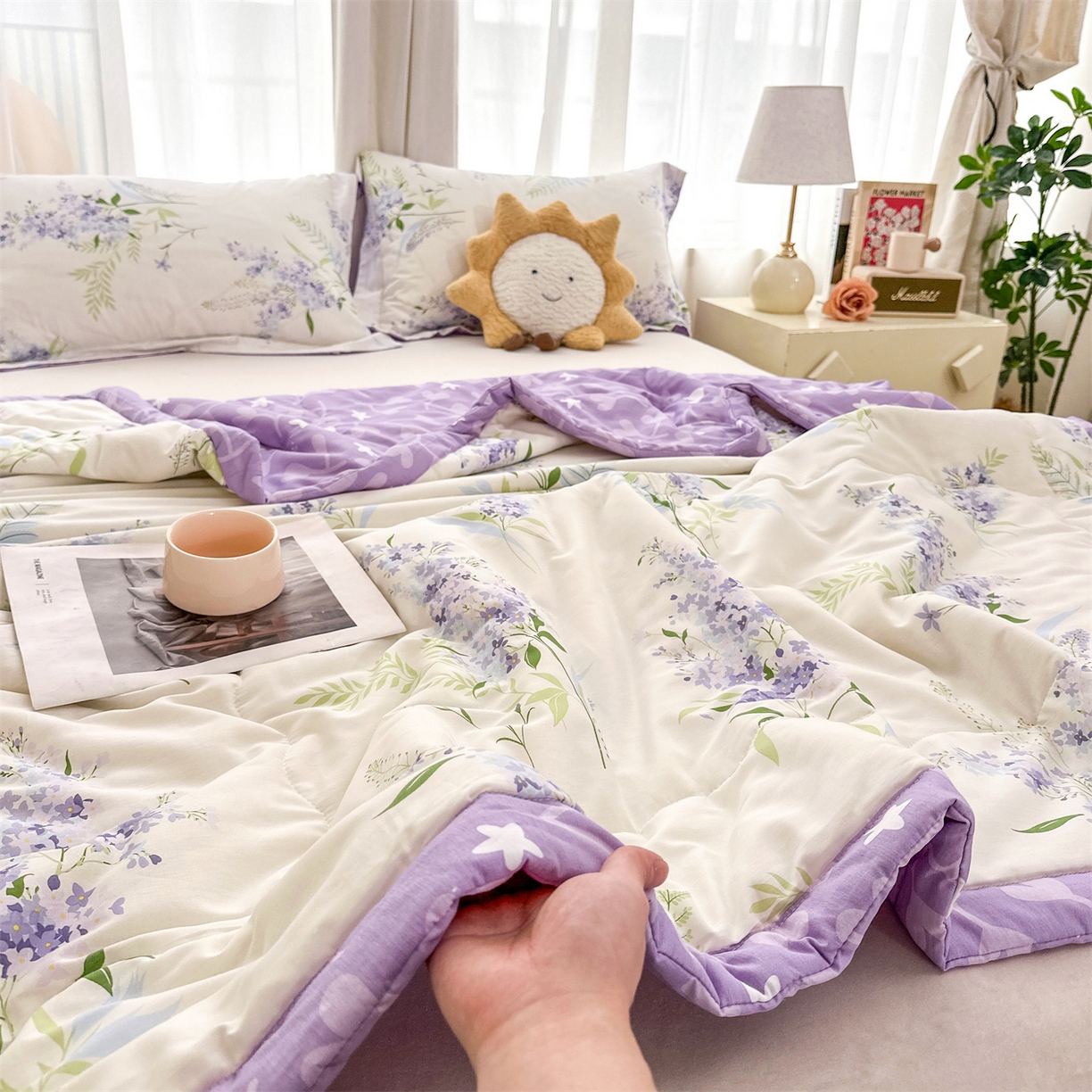 91家纺网 家纺一手货源 找家纺 易博家纺 2026新款小清新款里外全棉纯棉夏被夏凉被空调被 紫韵花