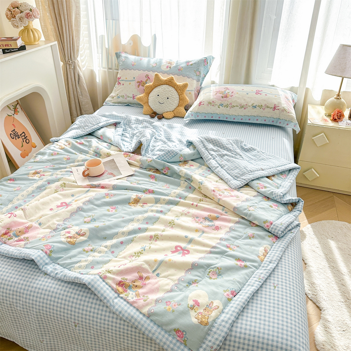 91家纺网 家纺一手货源 找家纺 易博家纺 2026新款小清新款里外全棉纯棉夏被夏凉被空调被 山野萌兔