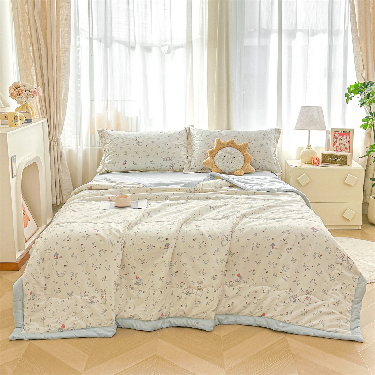 91家纺网 家纺一手货源 找家纺 易博家纺 2026新款小清新款里外全棉纯棉夏被夏凉被空调被 森语小兔