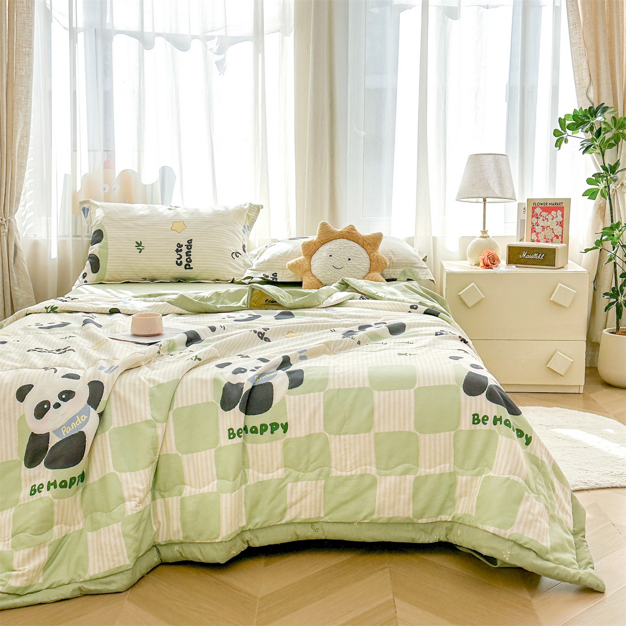 91家纺网 家纺一手货源 找家纺 易博家纺 2026新款小清新款里外全棉纯棉夏被夏凉被空调被 可爱熊猫