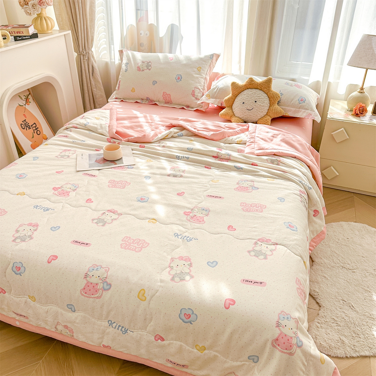 91家纺网 家纺一手货源 找家纺 易博家纺 2026新款小清新款里外全棉纯棉夏被夏凉被空调被 粉色小猫