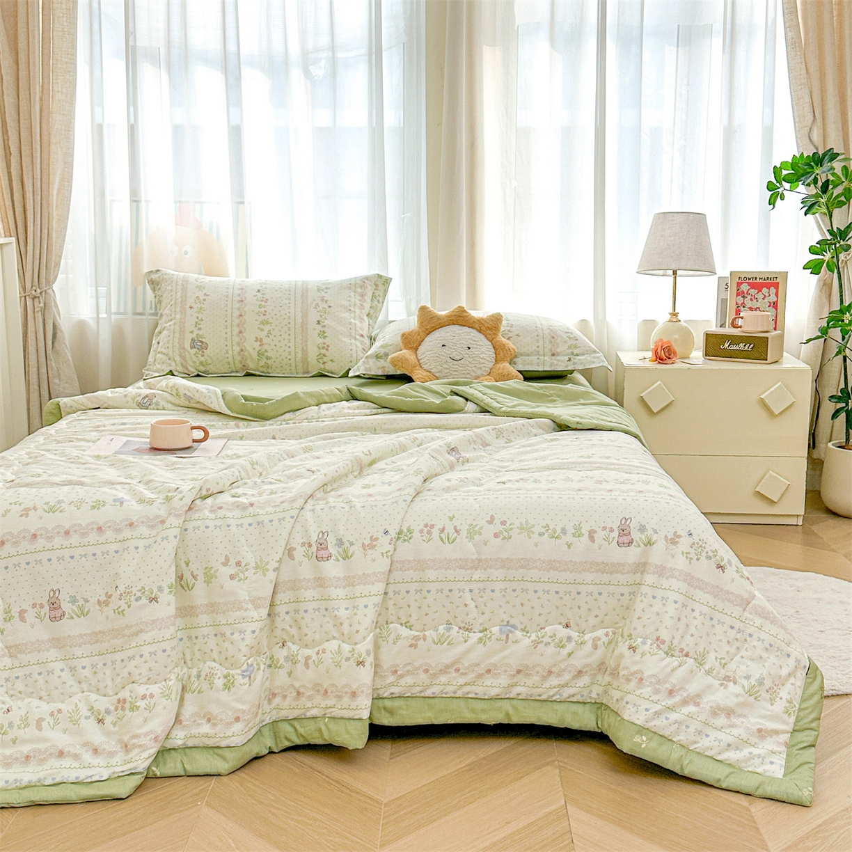 91家纺网 家纺一手货源 找家纺 易博家纺 2026新款小清新款里外全棉纯棉夏被夏凉被空调被 花蔓梦兔