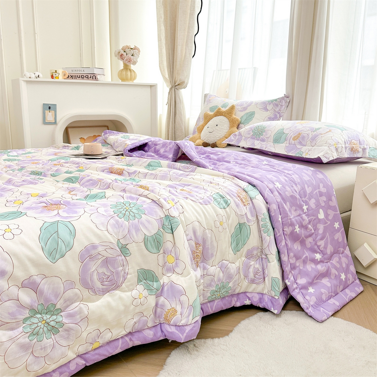 91家纺网 家纺一手货源 找家纺 易博家纺 2026新款小清新款里外全棉纯棉夏被夏凉被空调被 紫精灵