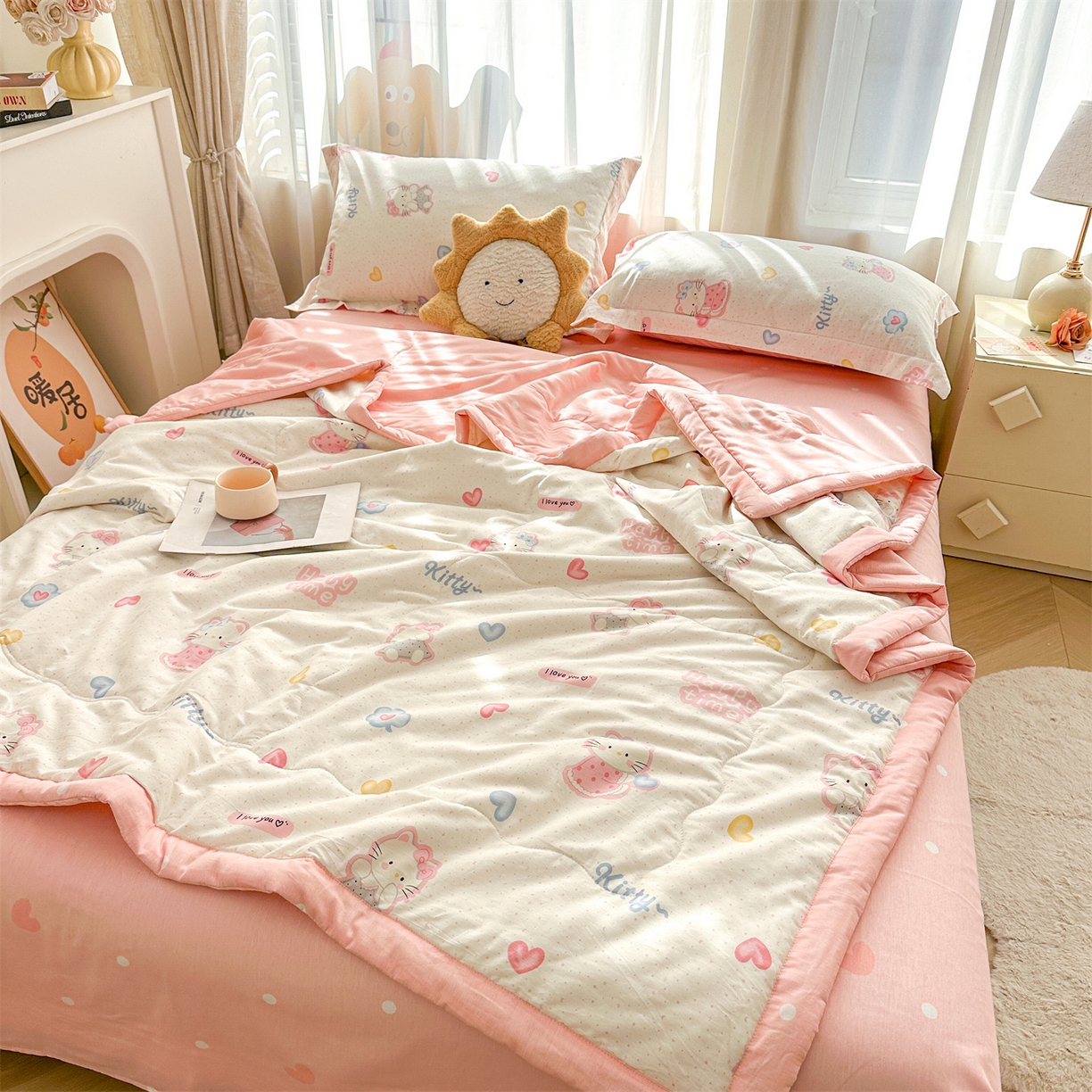 91家纺网 家纺一手货源 找家纺 易博家纺 2026新款小清新款里外全棉纯棉夏被夏凉被空调被 粉色小猫