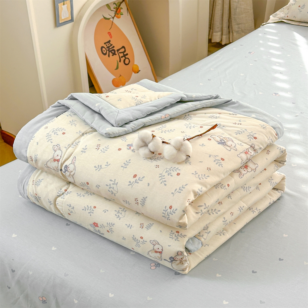 91家纺网 家纺一手货源 找家纺 易博家纺 2026新款小清新款里外全棉纯棉夏被夏凉被空调被 森语小兔