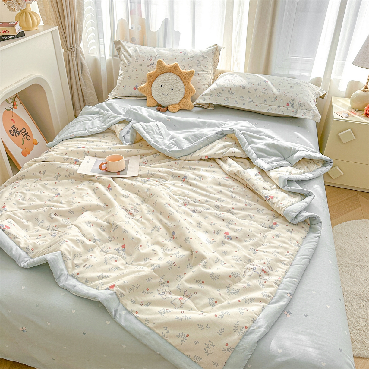 91家纺网 家纺一手货源 找家纺 易博家纺 2026新款小清新款里外全棉纯棉夏被夏凉被空调被 森语小兔