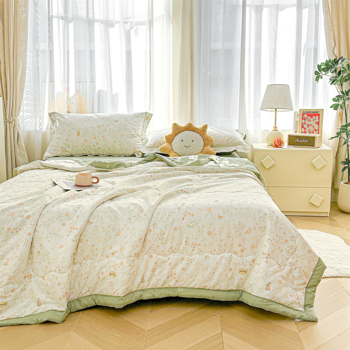 91家纺网 家纺一手货源 找家纺 易博家纺 2026新款小清新款里外全棉纯棉夏被夏凉被空调被 半夏花间