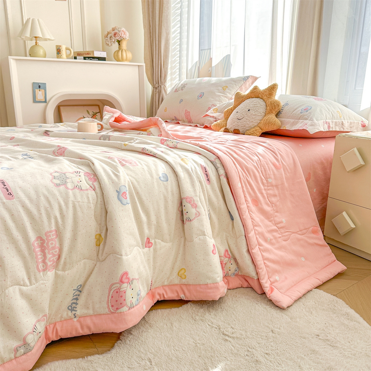 91家纺网 家纺一手货源 找家纺 易博家纺 2026新款小清新款里外全棉纯棉夏被夏凉被空调被 粉色小猫