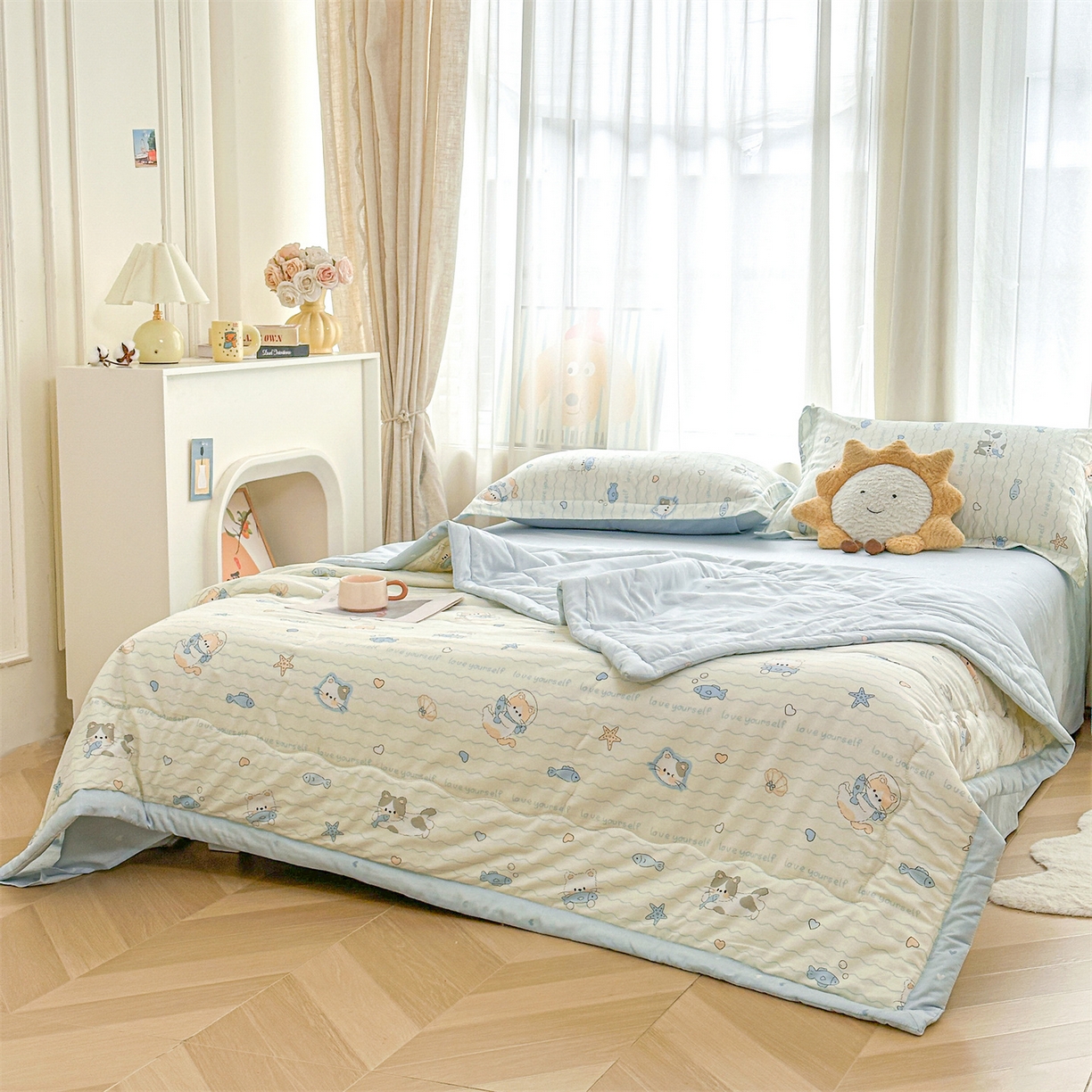 91家纺网 家纺一手货源 找家纺 易博家纺 2026新款小清新款里外全棉纯棉夏被夏凉被空调被 猫猫鱼