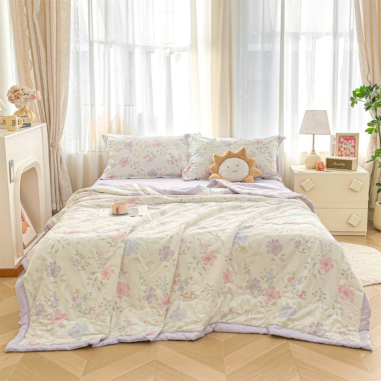 91家纺网 家纺一手货源 找家纺 易博家纺 2026新款小清新款里外全棉纯棉夏被夏凉被空调被 清风花韵