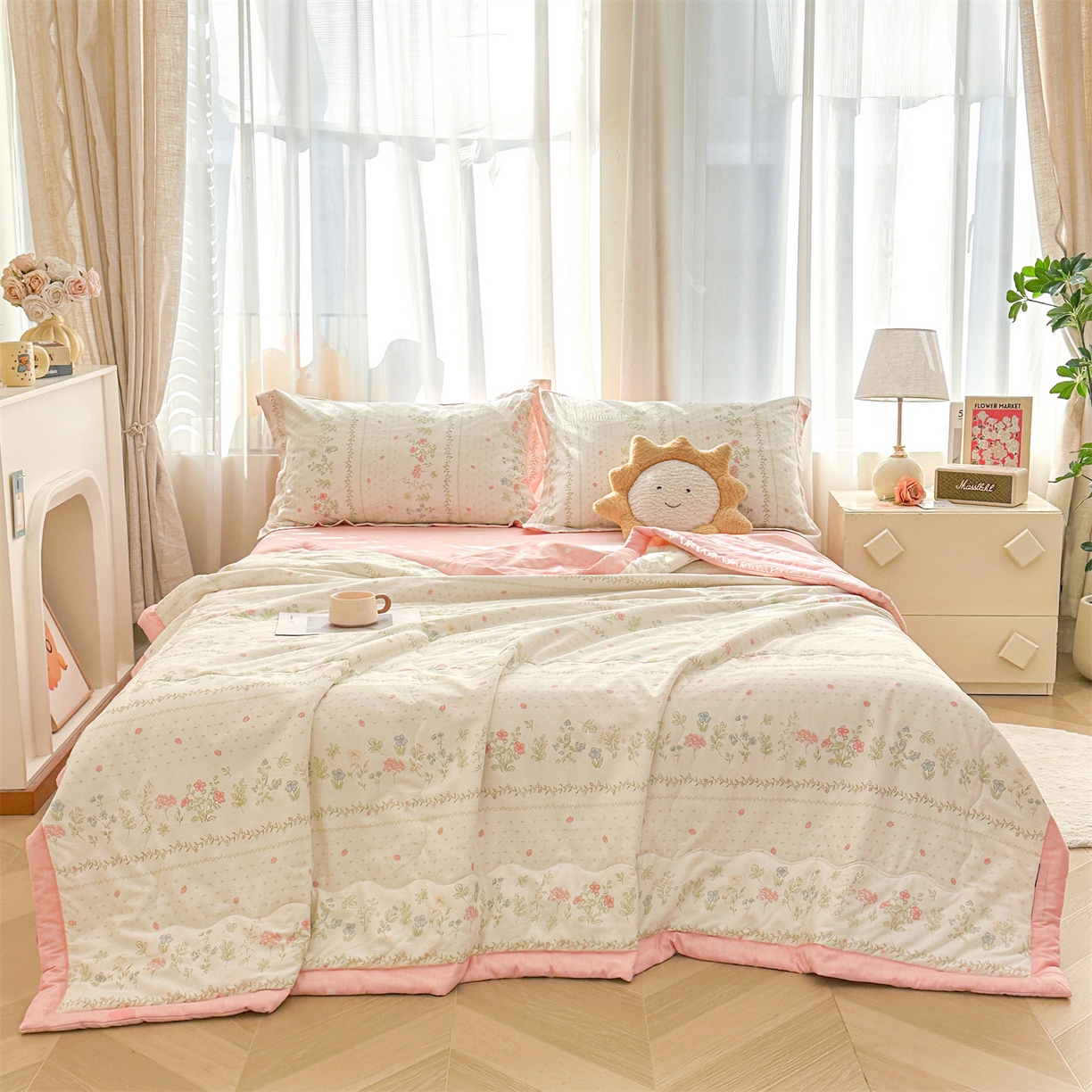 91家纺网 家纺一手货源 找家纺 易博家纺 2026新款小清新款里外全棉纯棉夏被夏凉被空调被 伊水芙蓉