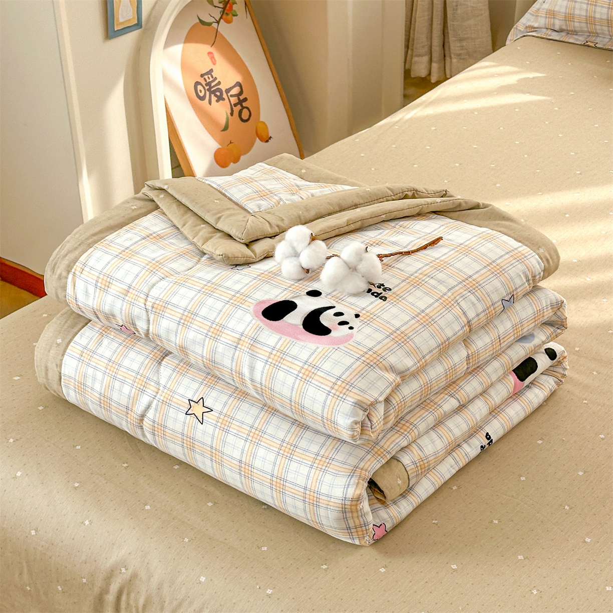 91家纺网 家纺一手货源 找家纺 易博家纺 2026新款小清新款里外全棉纯棉夏被夏凉被空调被 熊猫宝贝