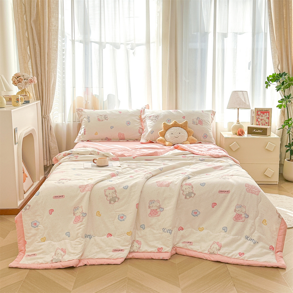 91家纺网 家纺一手货源 找家纺 易博家纺 2026新款小清新款里外全棉纯棉夏被夏凉被空调被 粉色小猫