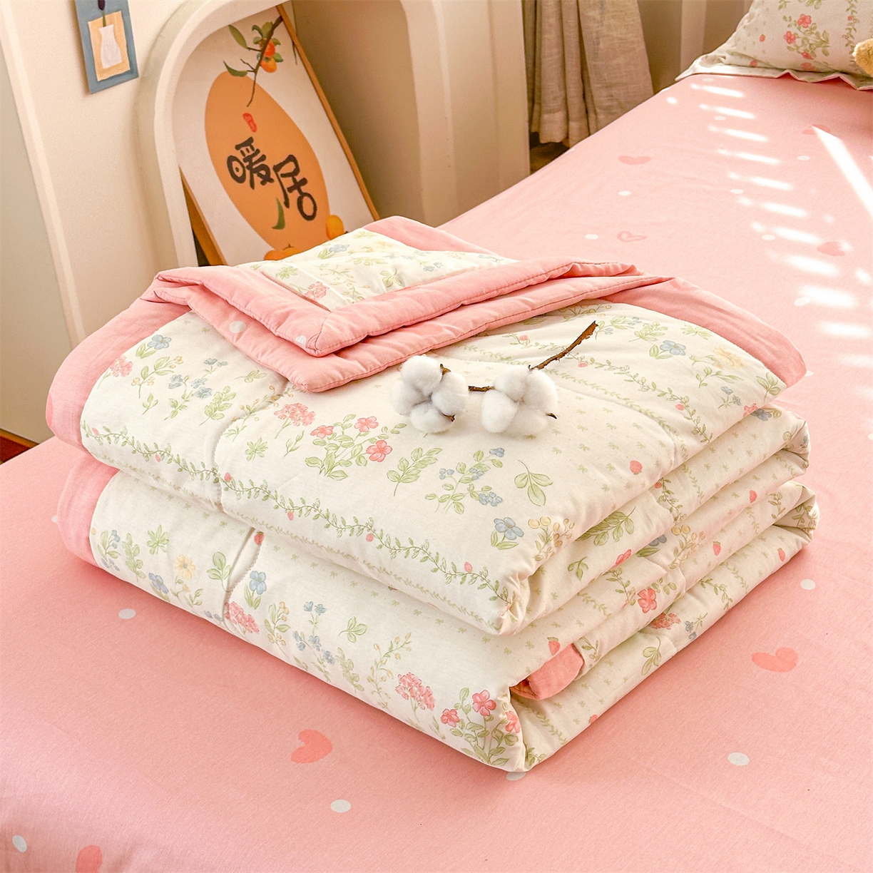 91家纺网 家纺一手货源 找家纺 易博家纺 2026新款小清新款里外全棉纯棉夏被夏凉被空调被 伊水芙蓉