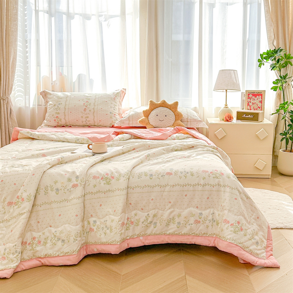 91家纺网 家纺一手货源 找家纺 易博家纺 2026新款小清新款里外全棉纯棉夏被夏凉被空调被 伊水芙蓉