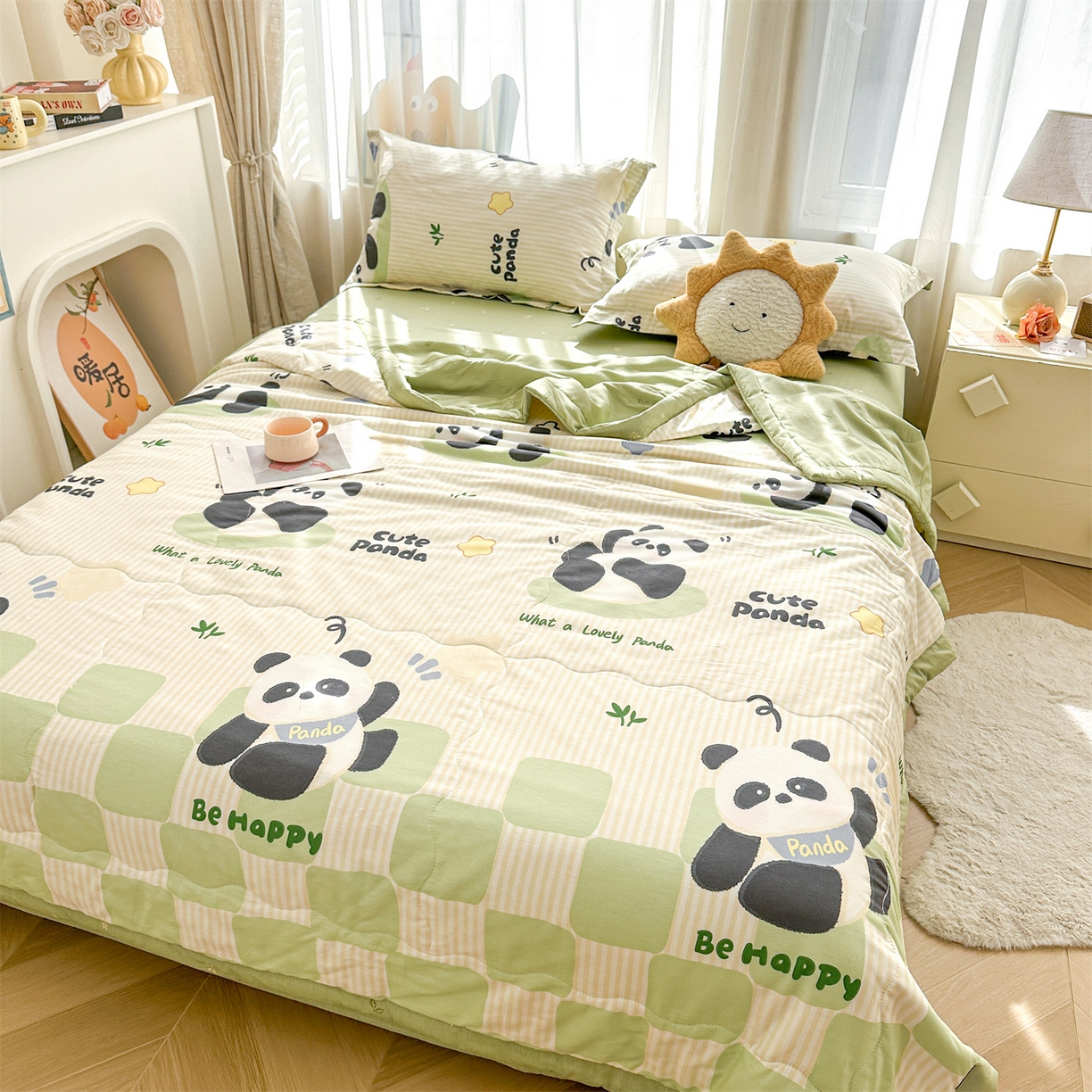 91家纺网 家纺一手货源 找家纺 易博家纺 2026新款小清新款里外全棉纯棉夏被夏凉被空调被 可爱熊猫