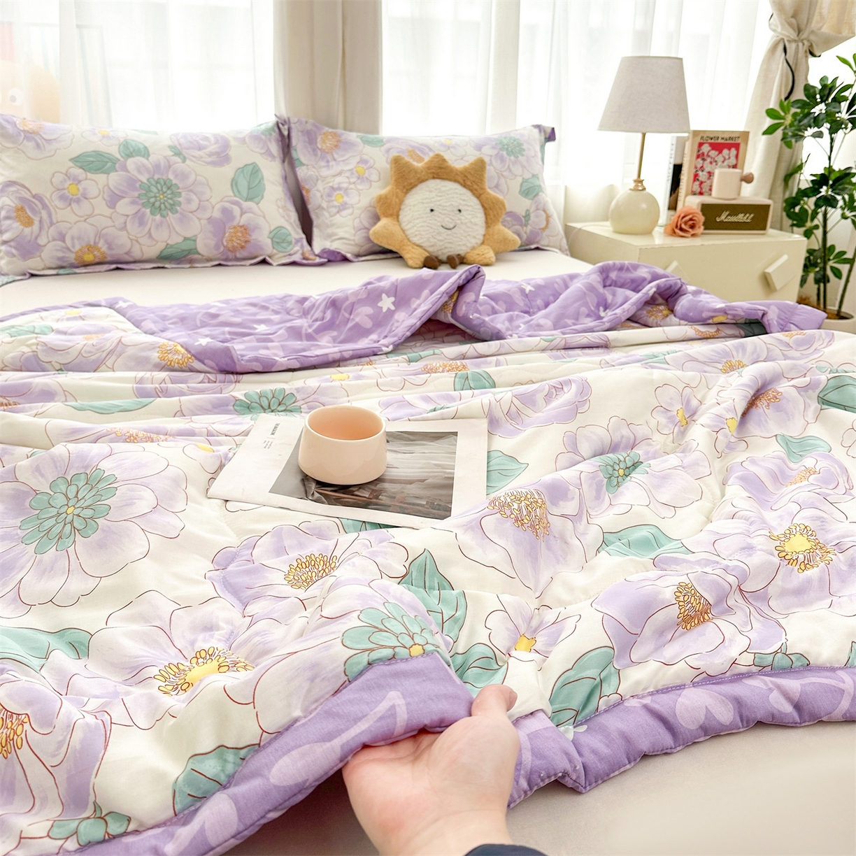 91家纺网 家纺一手货源 找家纺 易博家纺 2026新款小清新款里外全棉纯棉夏被夏凉被空调被 紫精灵