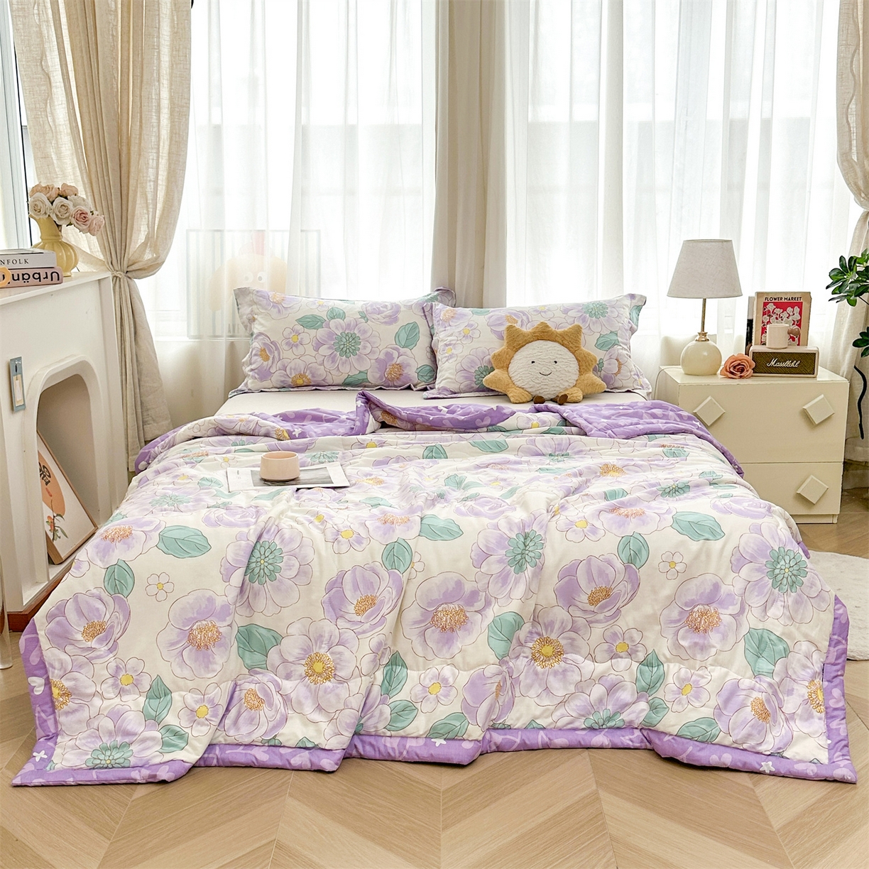 91家纺网 家纺一手货源 找家纺 易博家纺 2026新款小清新款里外全棉纯棉夏被夏凉被空调被 紫精灵