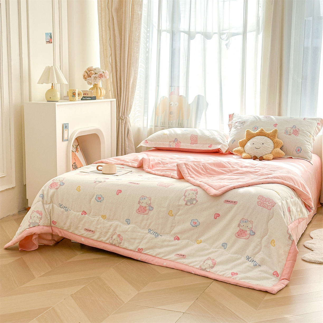 91家纺网 家纺一手货源 找家纺 易博家纺 2026新款小清新款里外全棉纯棉夏被夏凉被空调被 粉色小猫