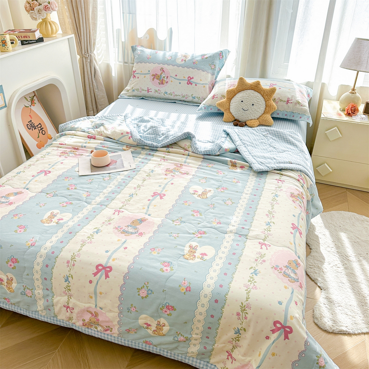 91家纺网 家纺一手货源 找家纺 易博家纺 2026新款小清新款里外全棉纯棉夏被夏凉被空调被 山野萌兔