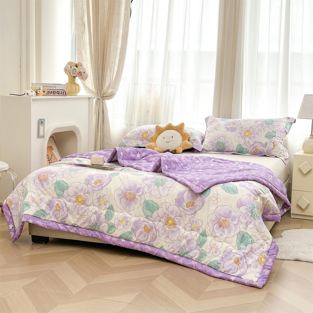 91家纺网 家纺一手货源 找家纺 易博家纺 2026新款小清新款里外全棉纯棉夏被夏凉被空调被 紫精灵