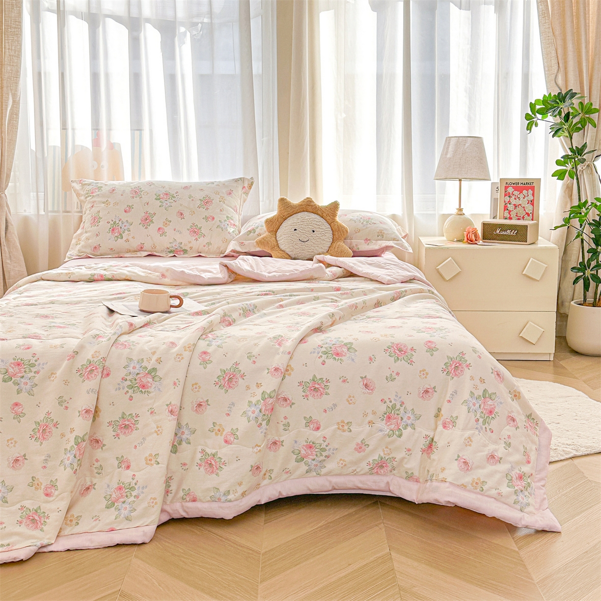 91家纺网 家纺一手货源 找家纺 易博家纺 2026新款小清新款里外全棉纯棉夏被夏凉被空调被 花漾浅梦